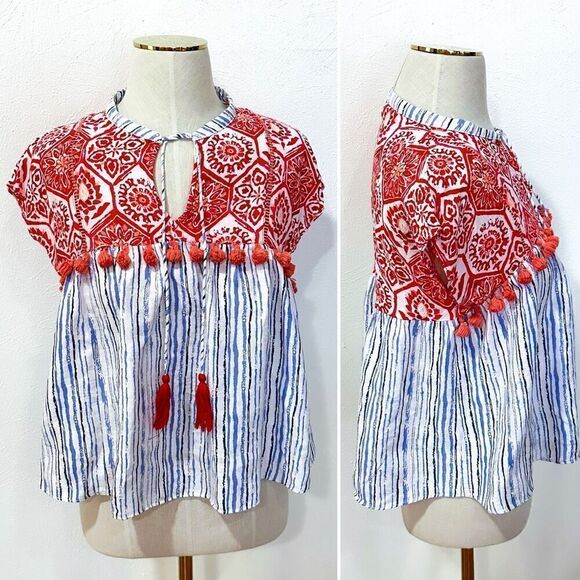 THML Red/Blue Boho Baby Doll Blouse XS - Picture 1 of 2